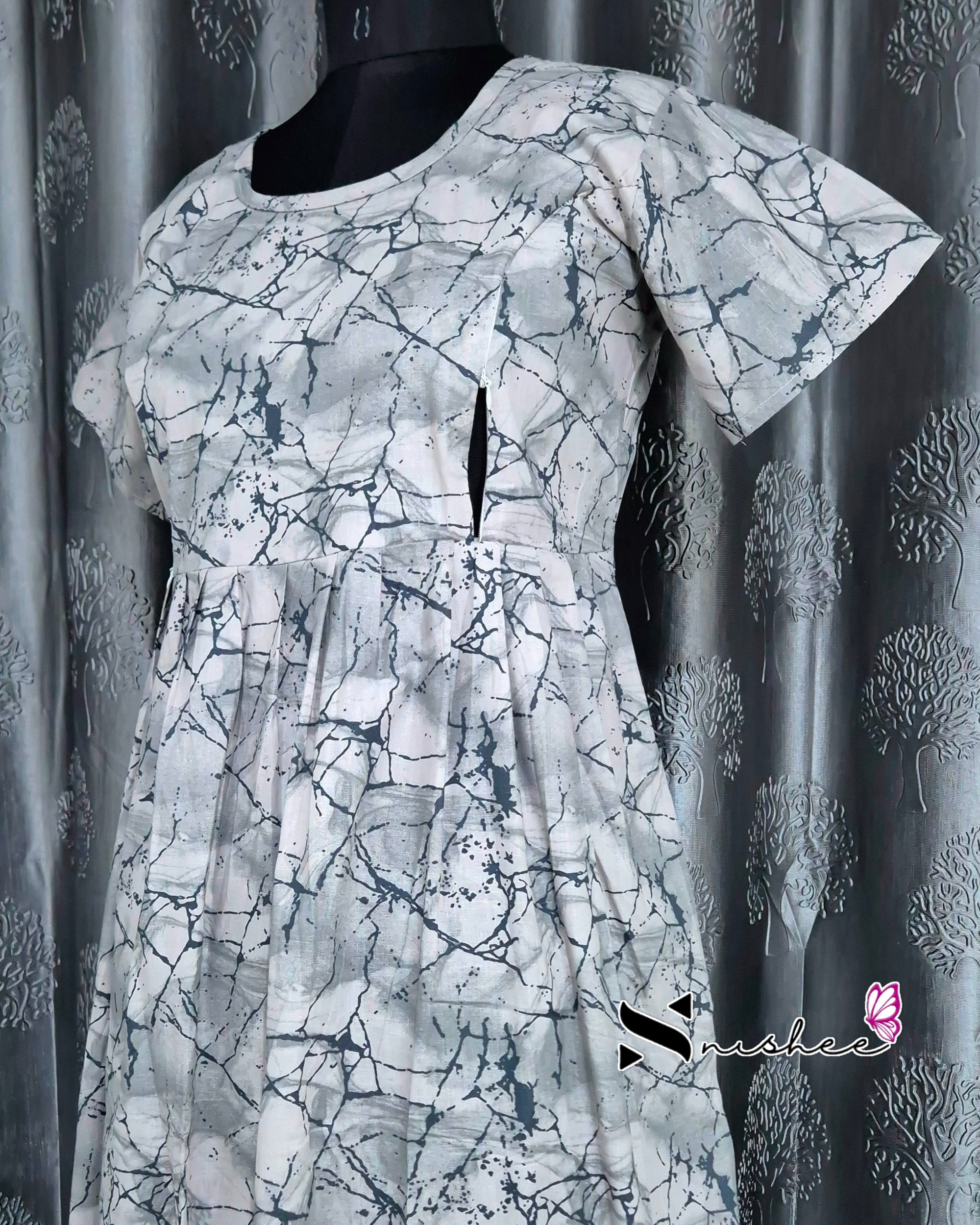 Marble Printed Grey Cotton Feeding Frock Nighty