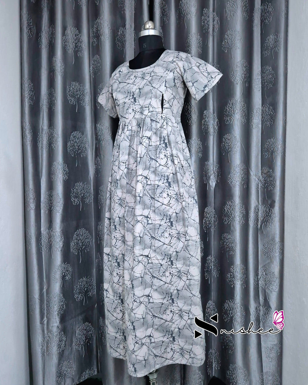 Marble Printed Grey Cotton Feeding Frock Nighty