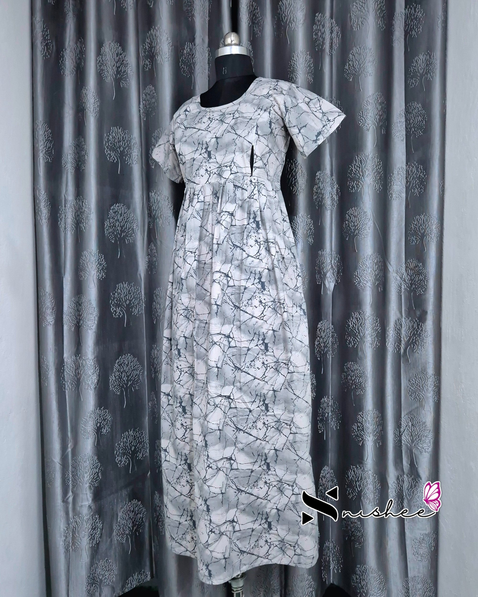 Marble Printed Grey Cotton Feeding Frock Nighty