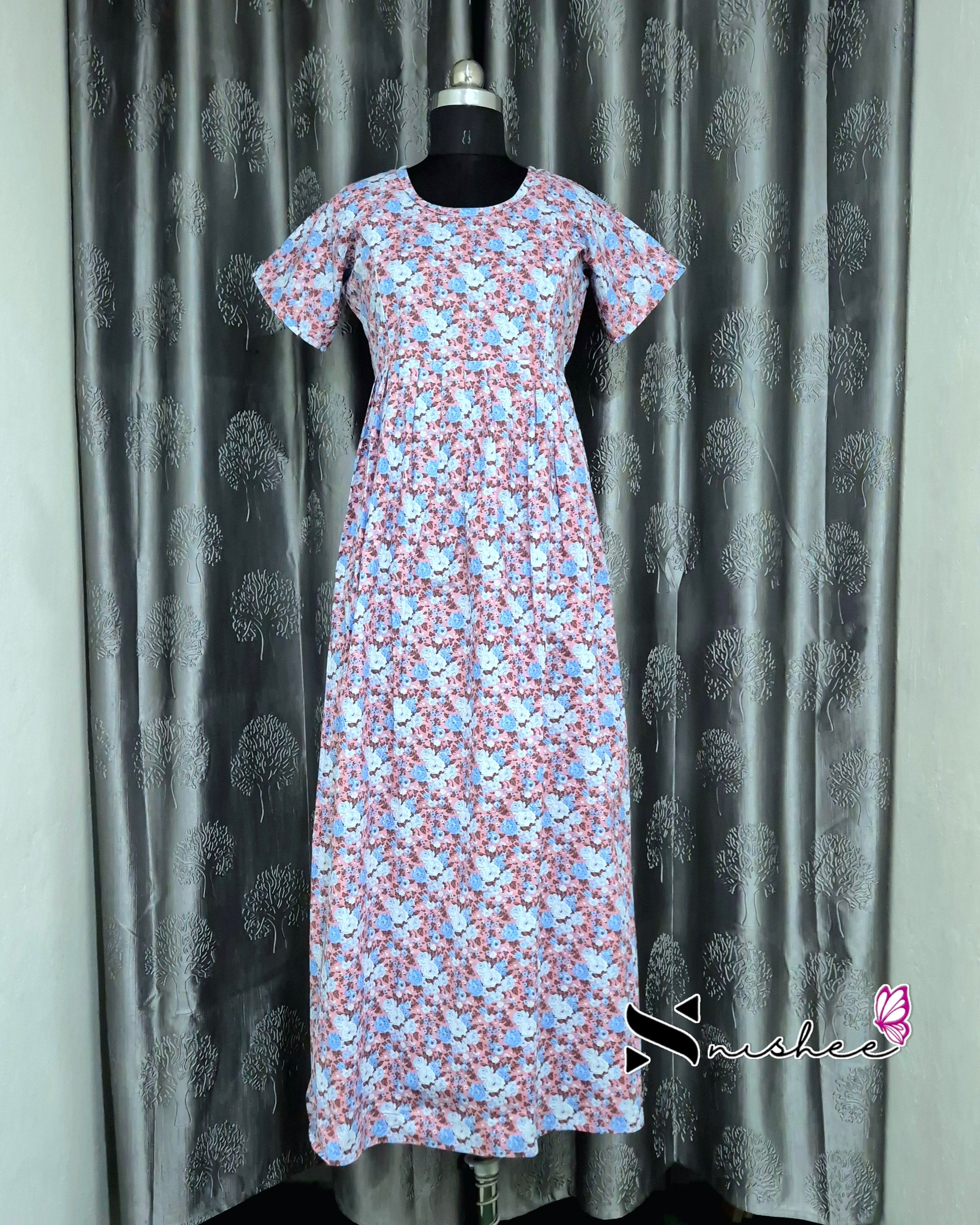 Floral Printed Peach Cotton Feeding Frock Nighty