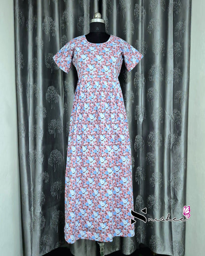 Floral Printed Peach Cotton Feeding Frock Nighty