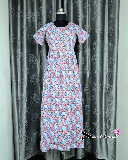 Floral Printed Peach Cotton Feeding Frock Nighty