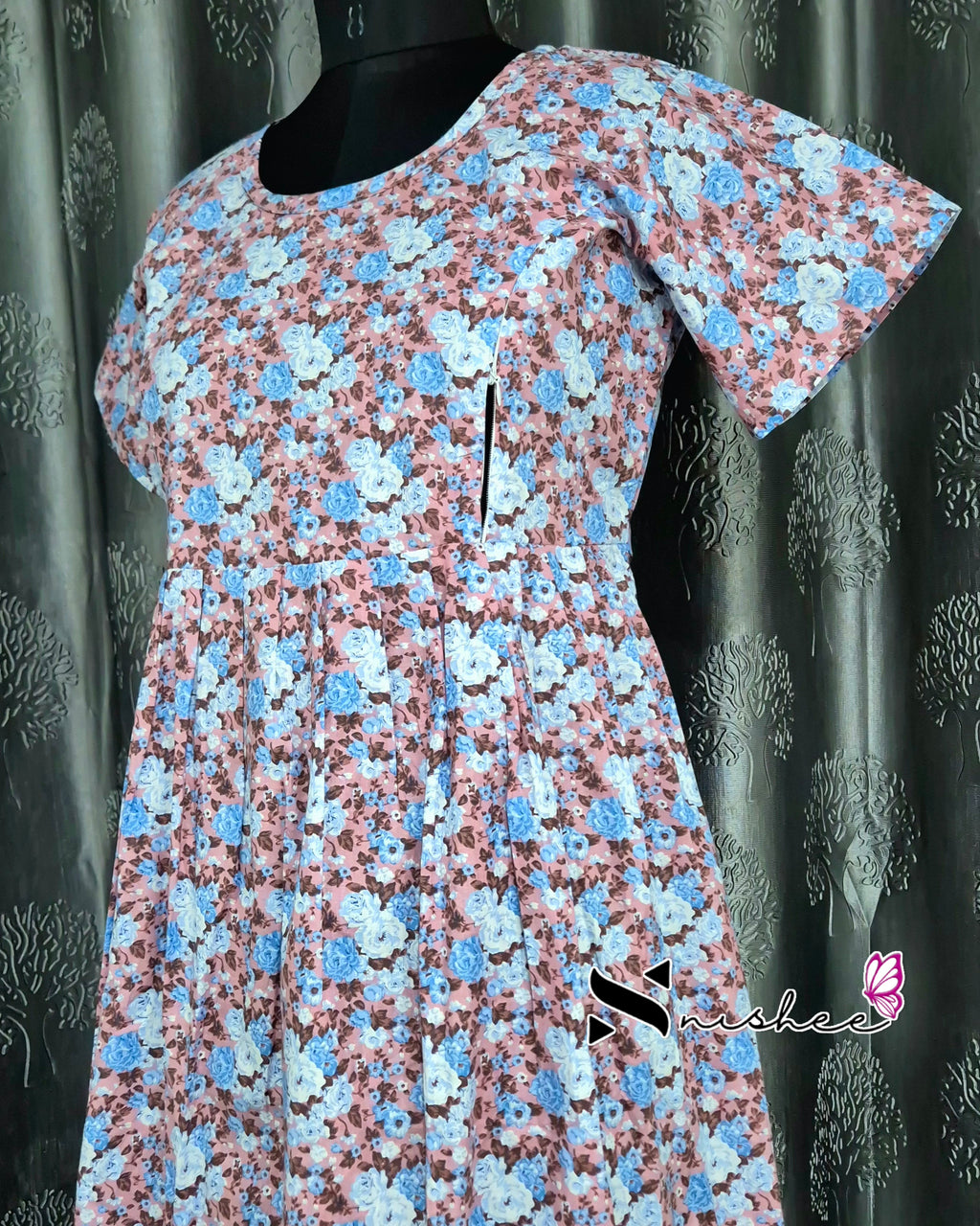 Floral Printed Peach Cotton Feeding Frock Nighty