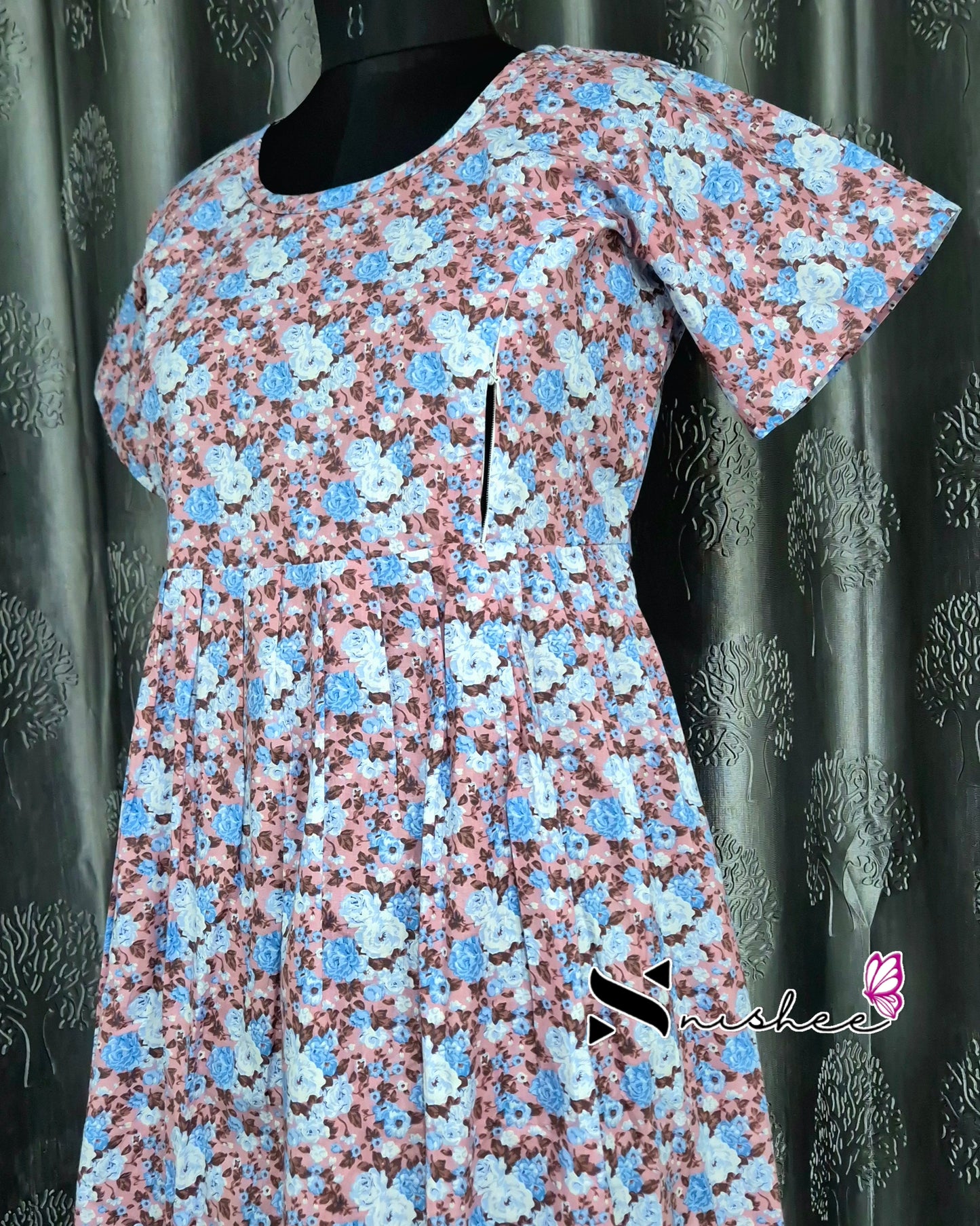 Floral Printed Peach Cotton Feeding Frock Nighty