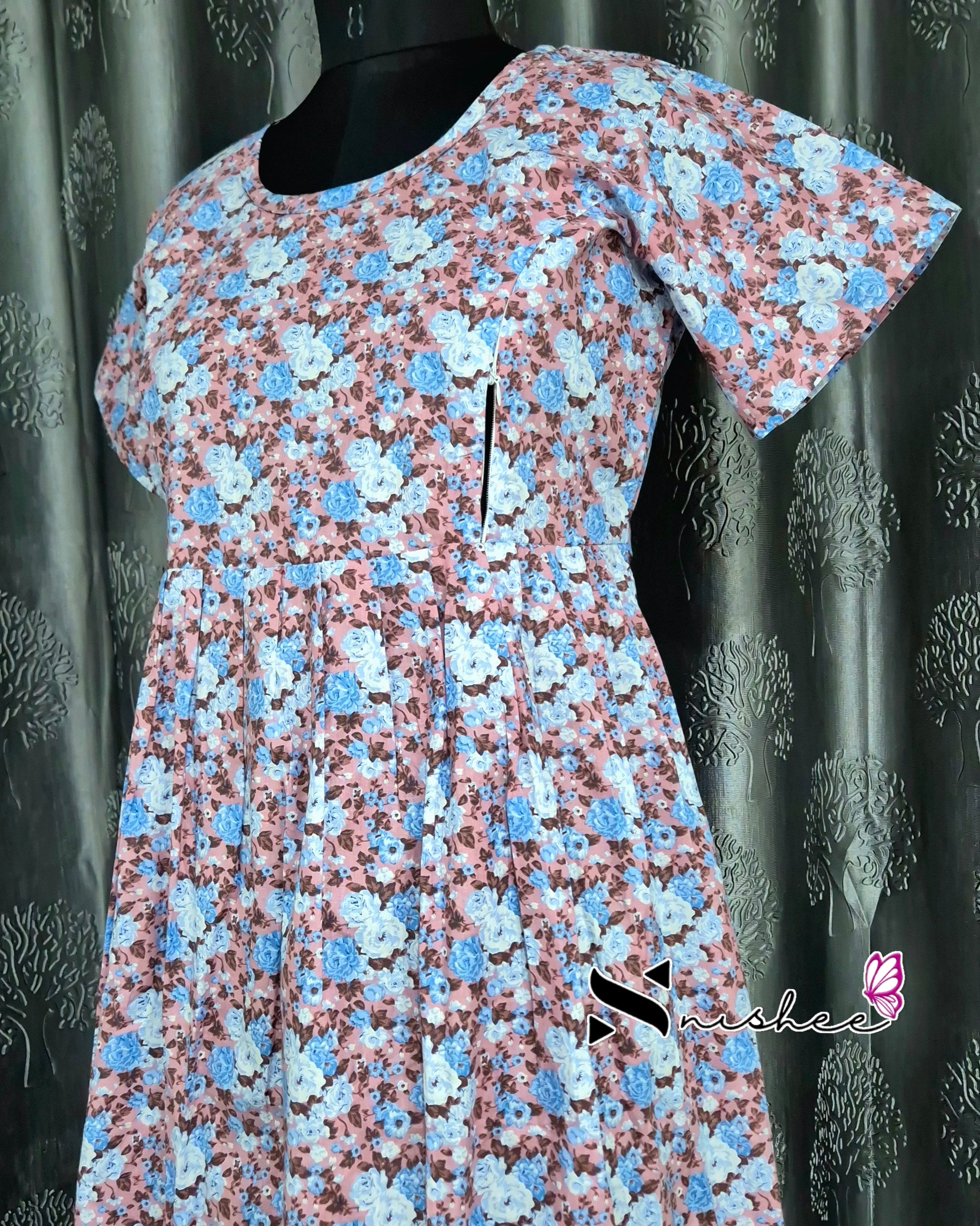 Floral Printed Peach Cotton Feeding Frock Nighty