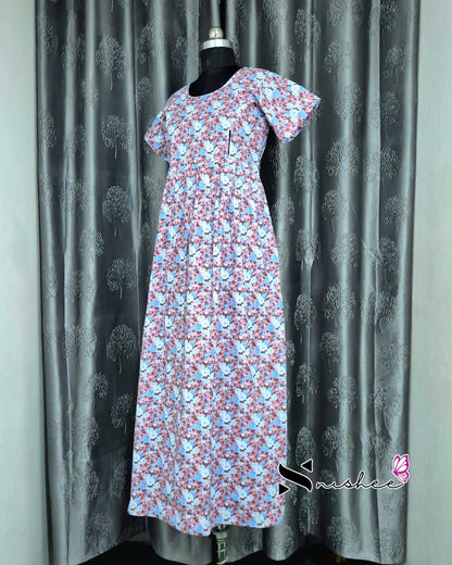 Floral Printed Peach Cotton Feeding Frock Nighty
