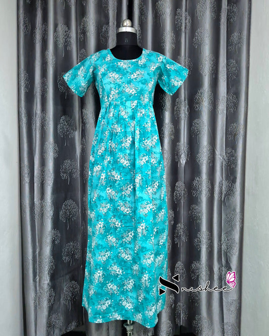 Floral Printed Greenish Blue Cotton Feeding Frock Nighty
