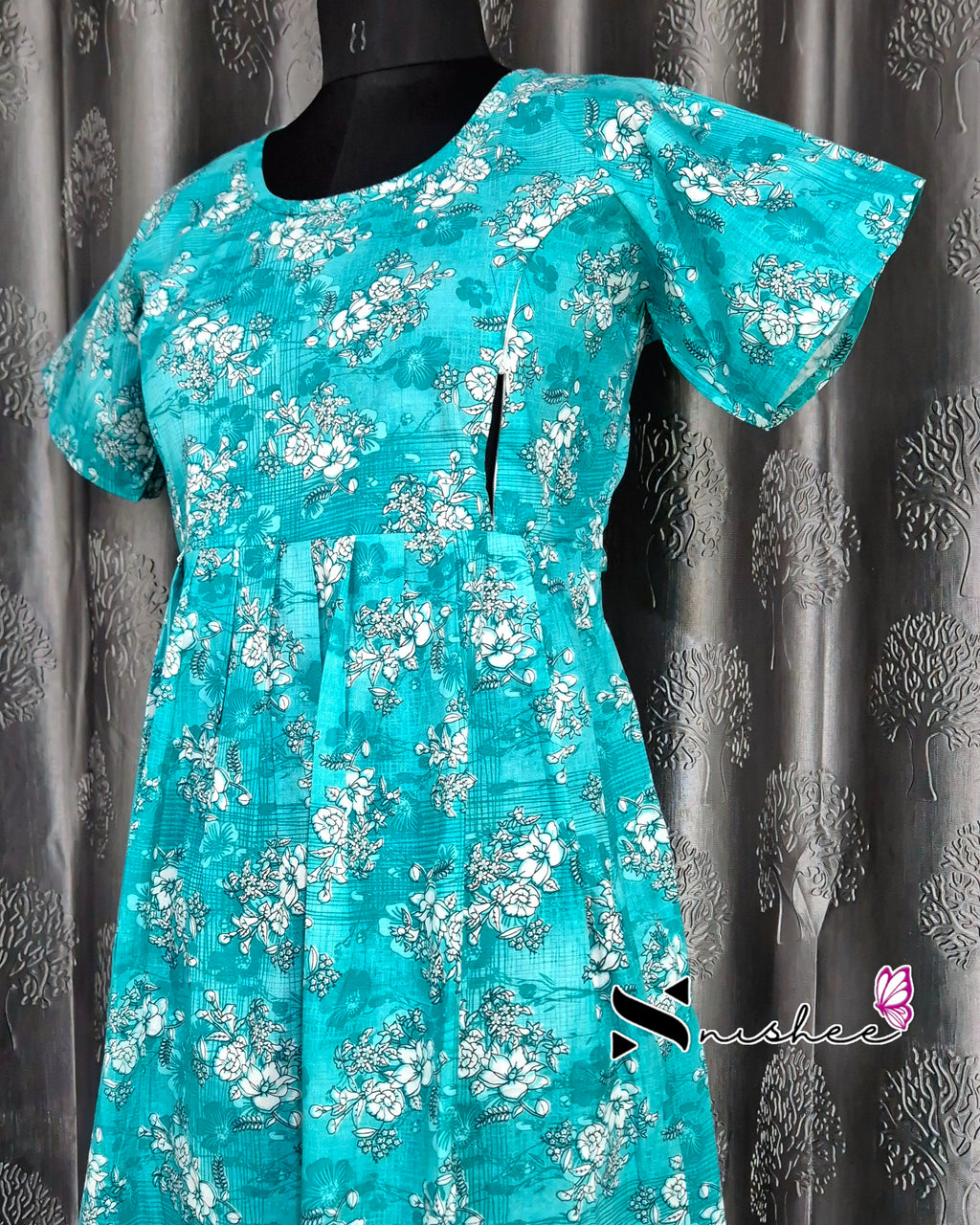 Floral Printed Greenish Blue Cotton Feeding Frock Nighty