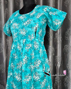 Floral Printed Greenish Blue Cotton Feeding Frock Nighty