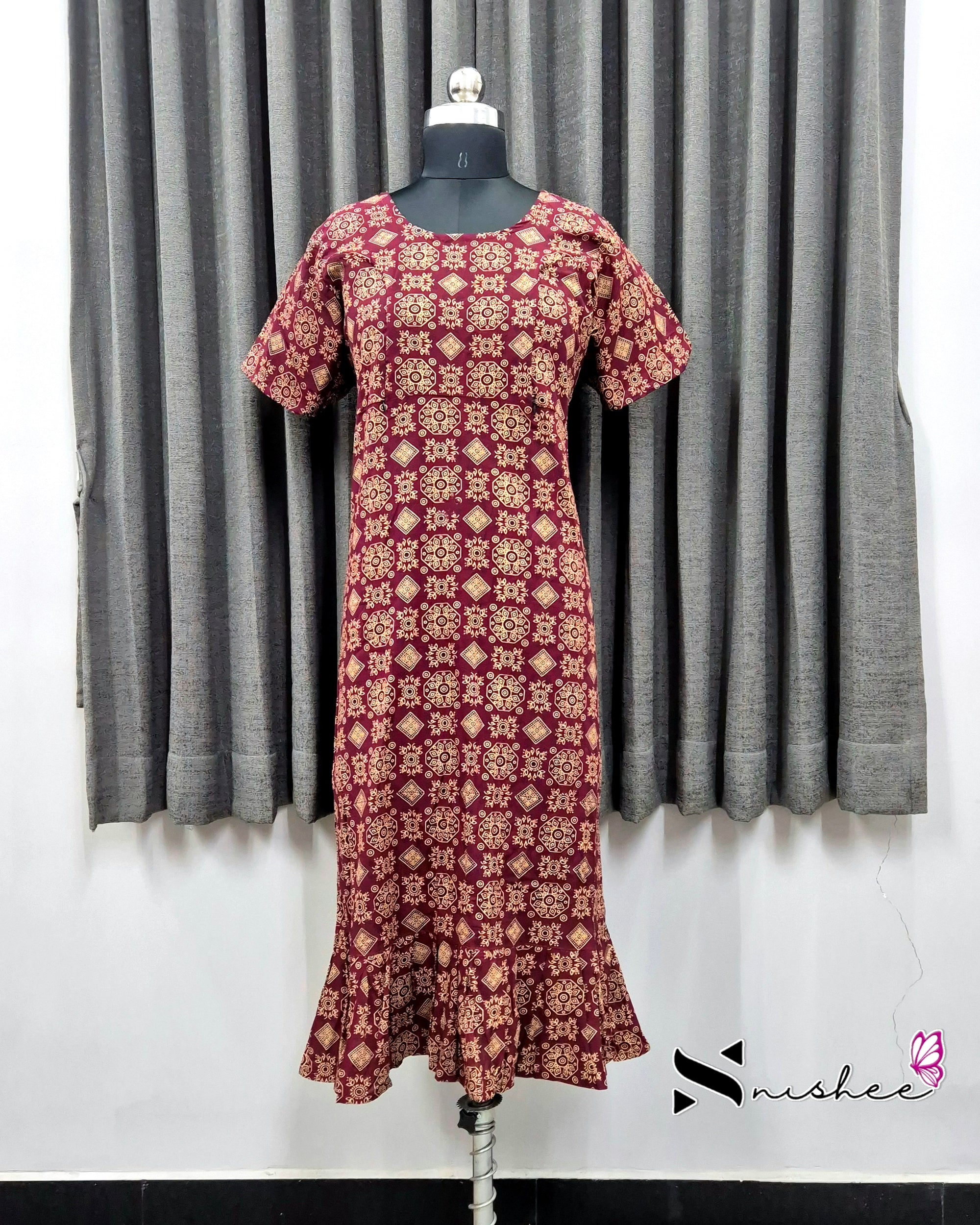 Maroon Ajrak Print Feeding Frock Nighty