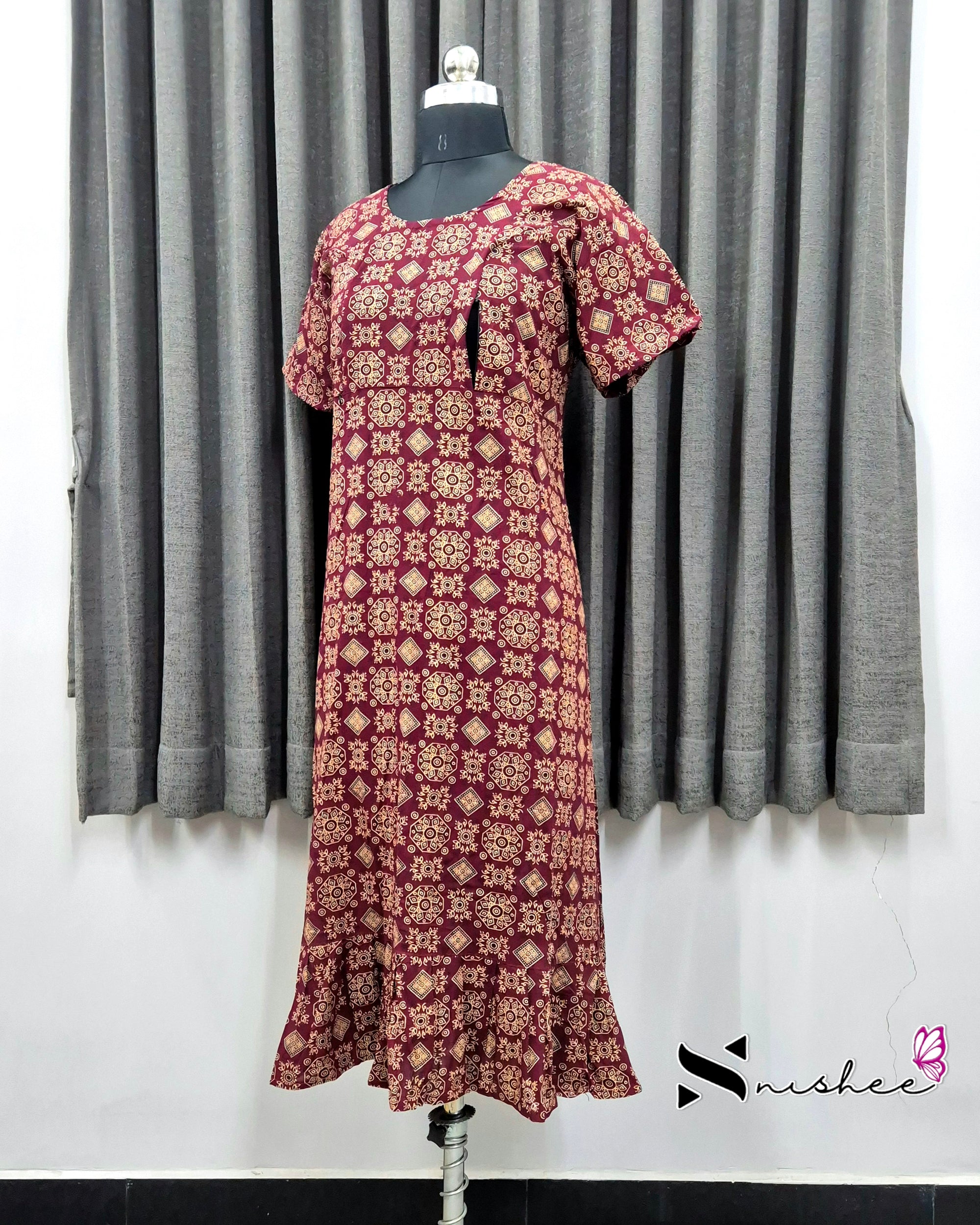 Maroon Ajrak Print Feeding Frock Nighty