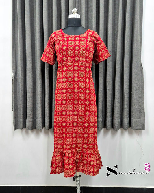 Red Ajrak Print Feeding Frock Nighty