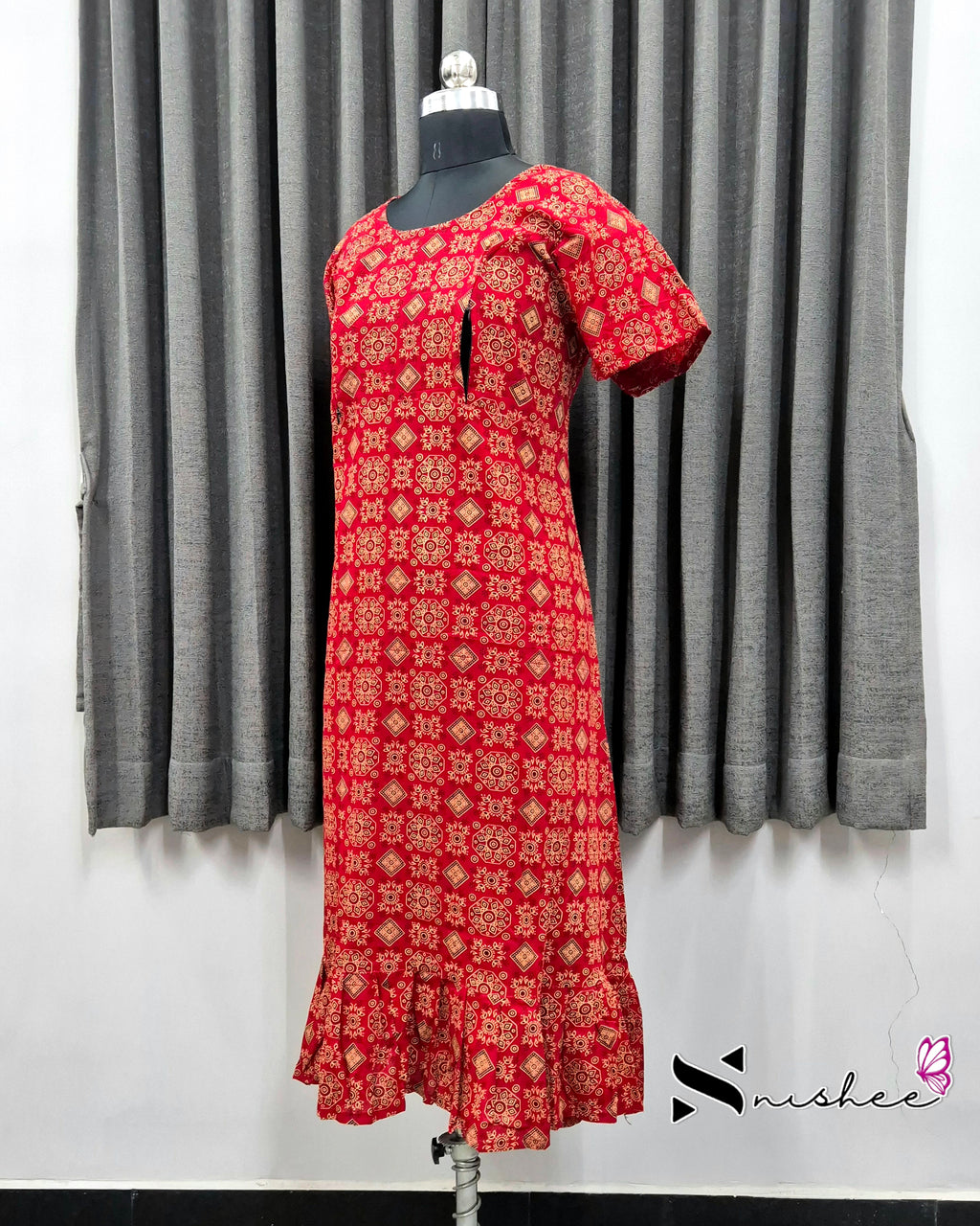 Red Ajrak Print Feeding Frock Nighty