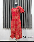 Red Ajrak Print Feeding Frock Nighty