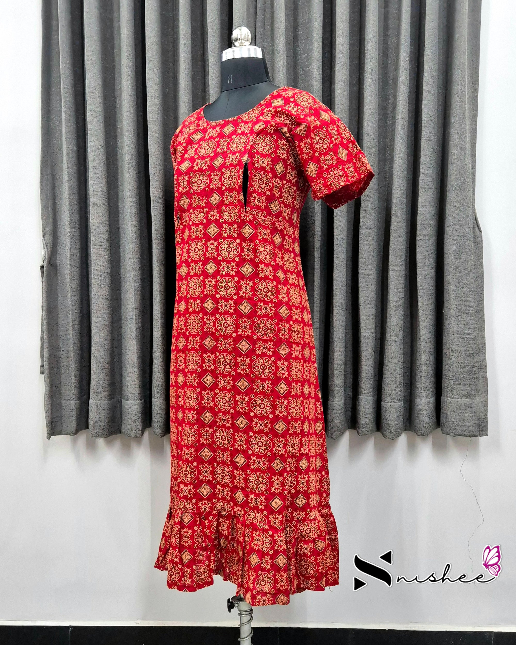 Red Ajrak Print Feeding Frock Nighty