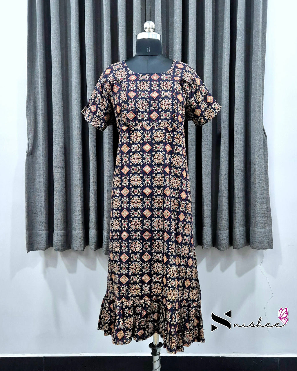 Navy Blue Ajrak Print Feeding Frock Nighty
