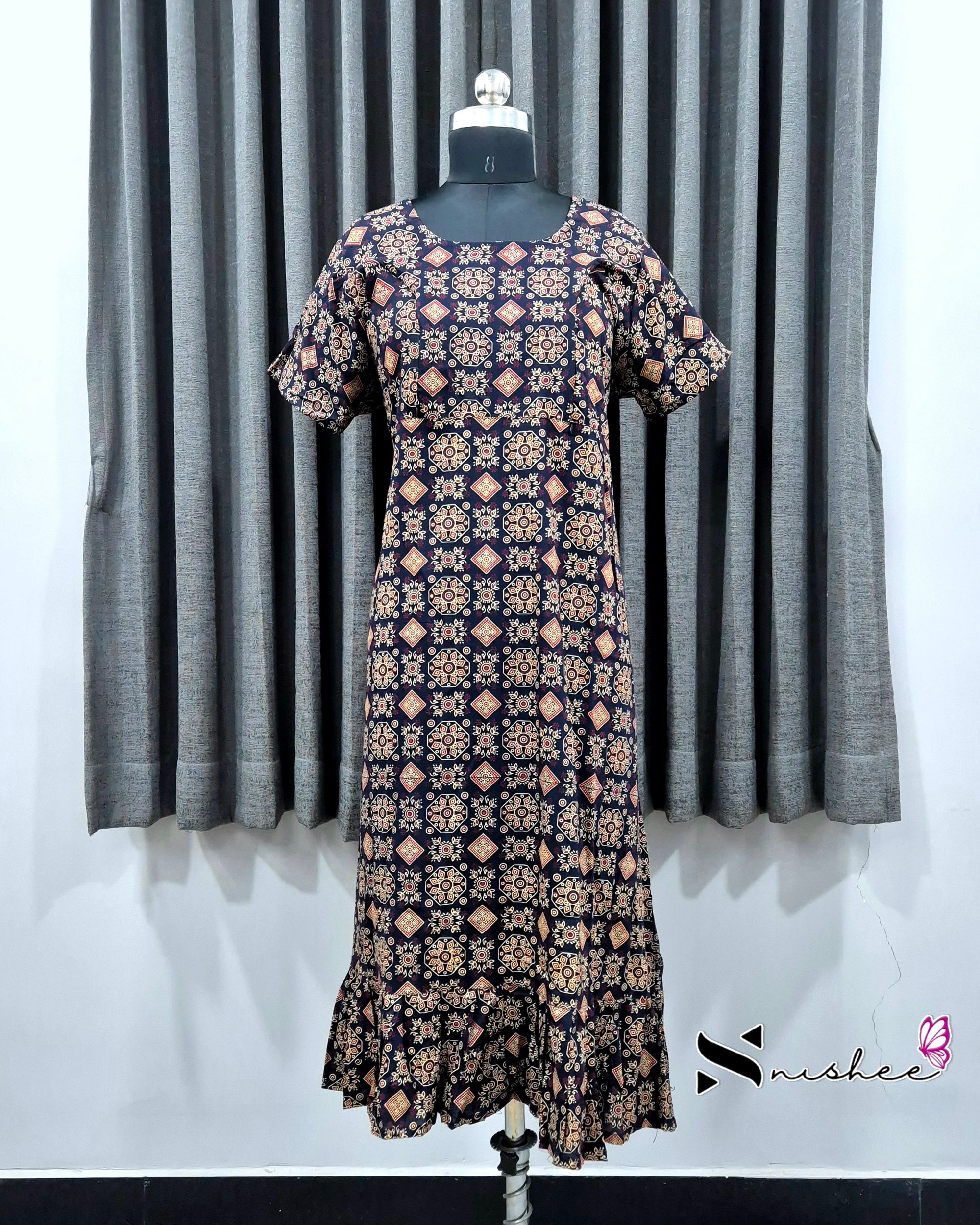 Navy Blue Ajrak Print Feeding Frock Nighty
