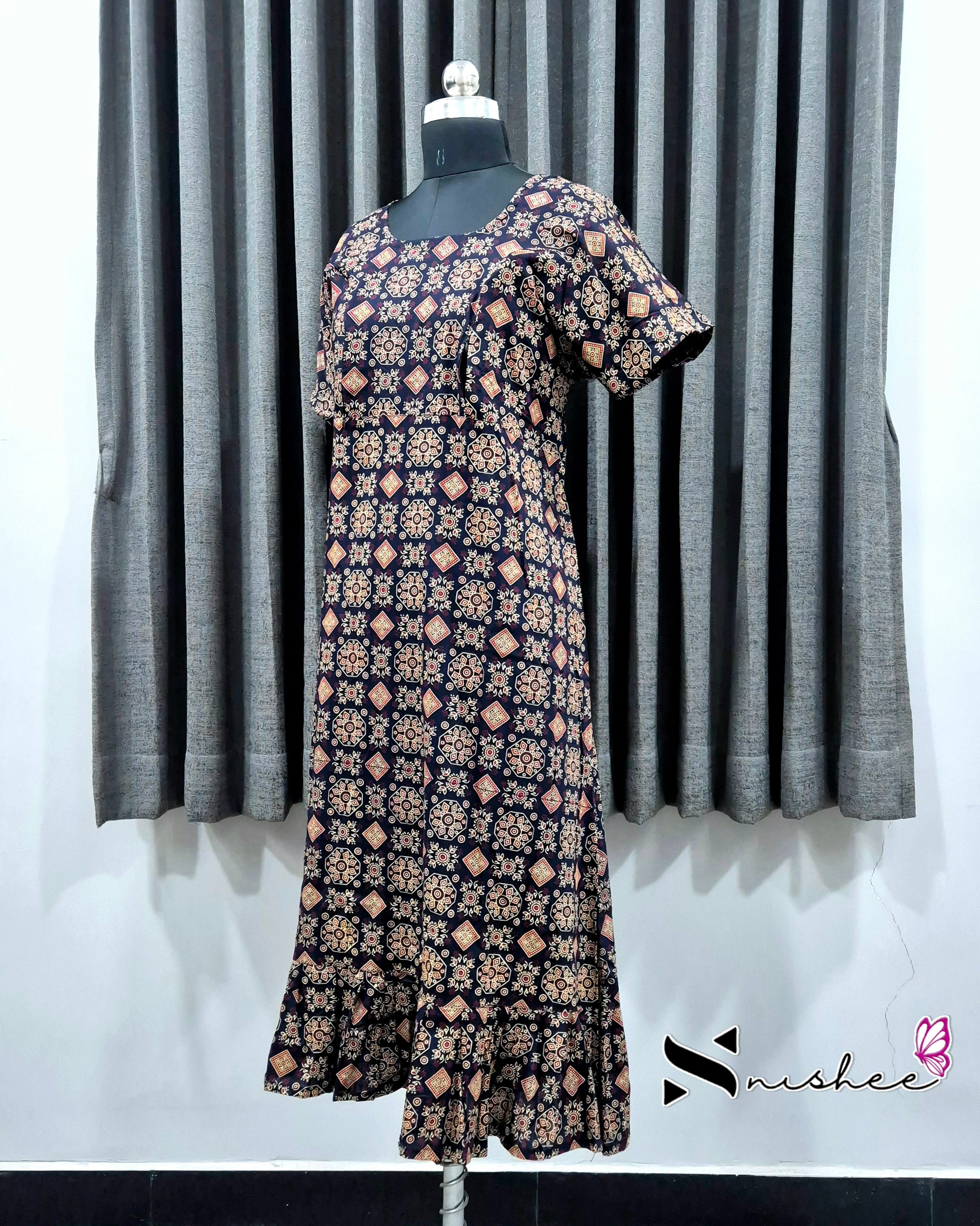Navy Blue Ajrak Print Feeding Frock Nighty
