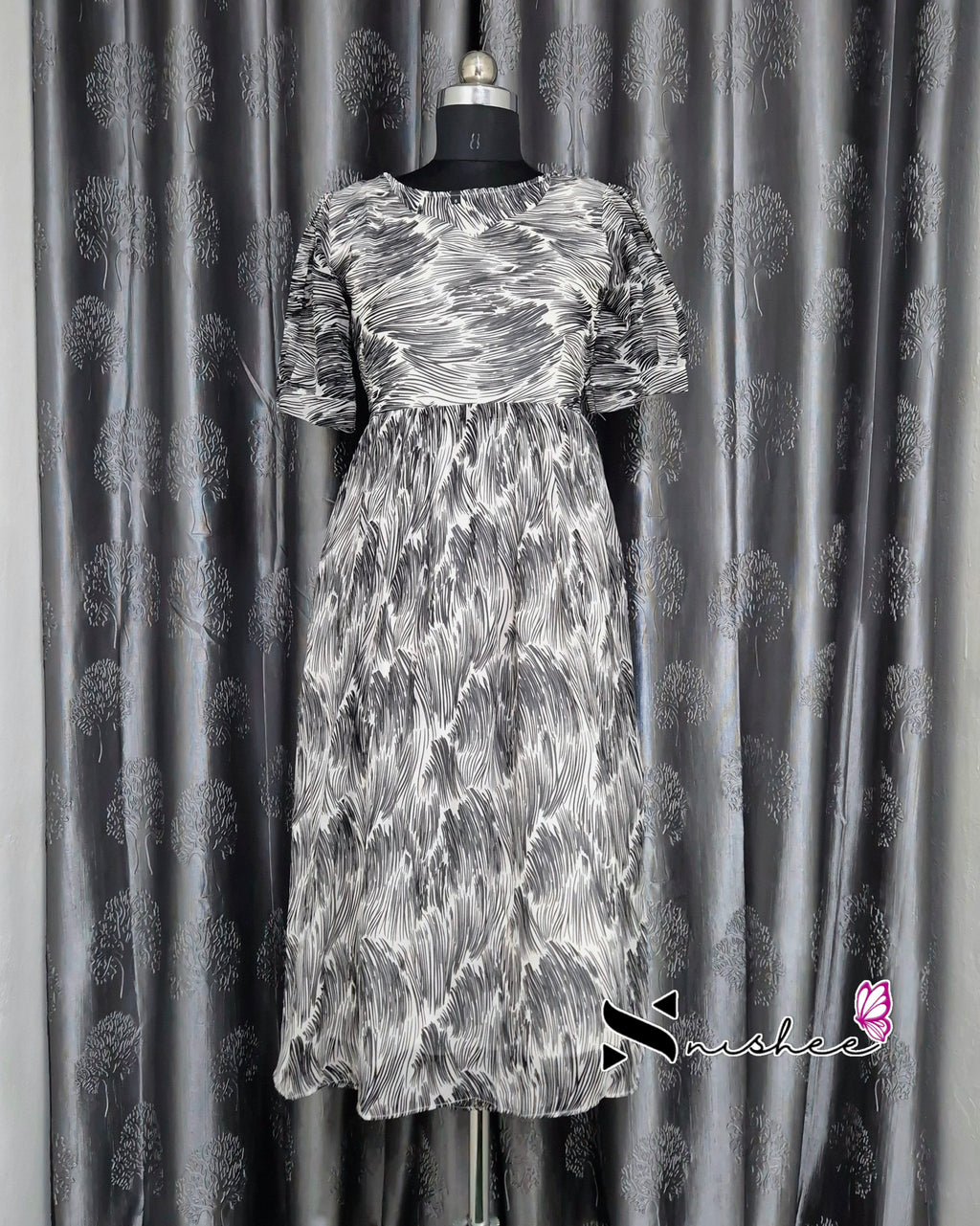 Scribbed Patches with Sweet Heart Neck Black Gown