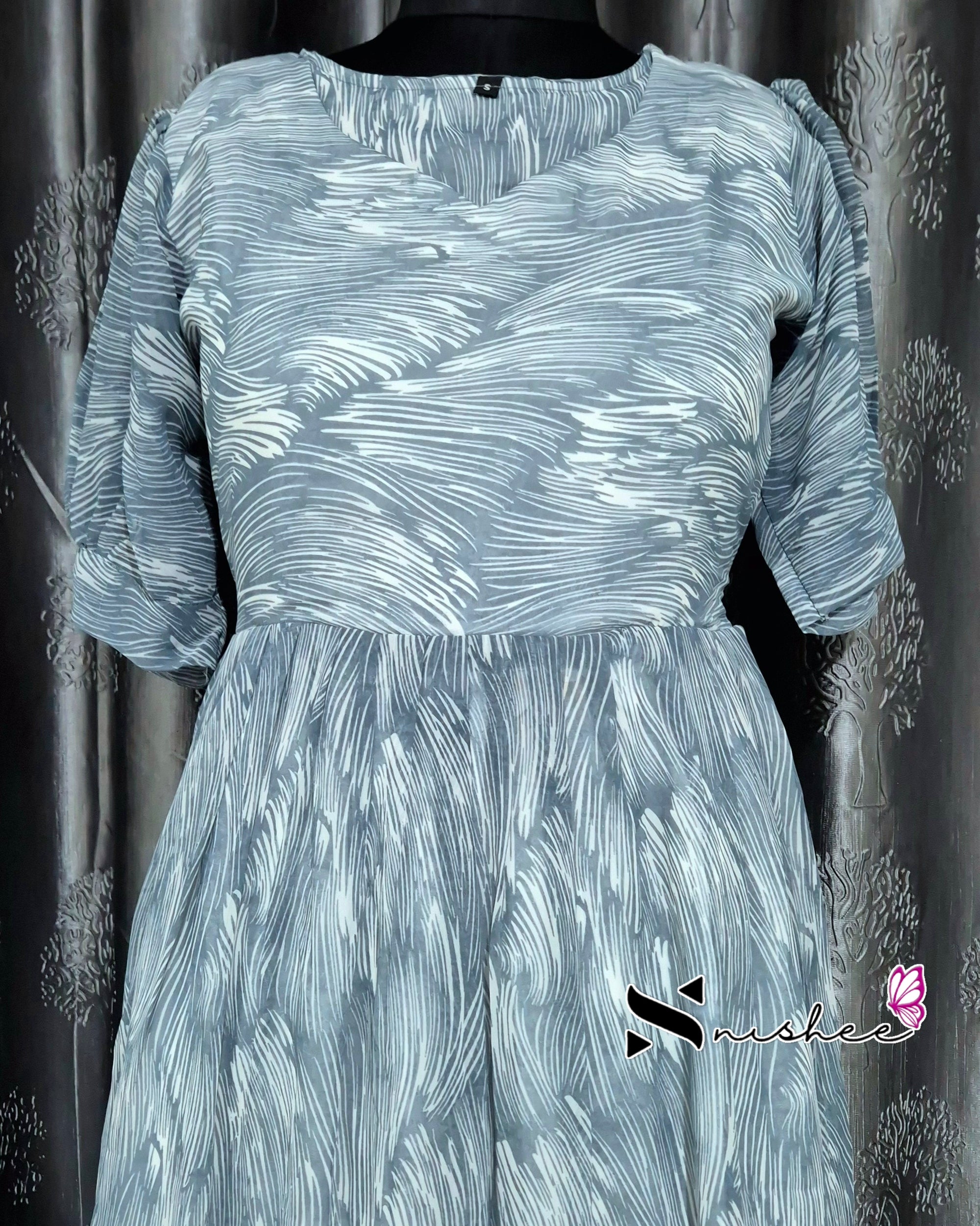 Scribbed Patches with Sweet Heart Neck Grey Gown