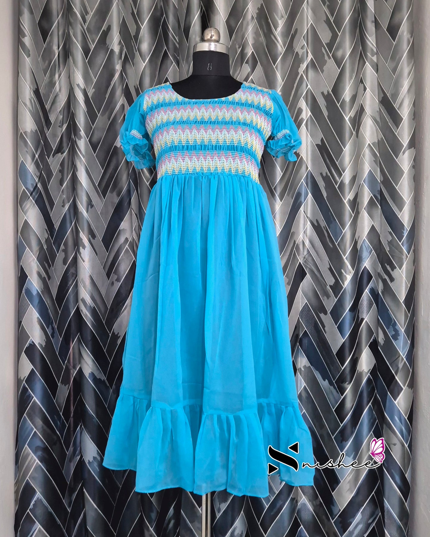 Blue Smocking Dress with Puff Sleeve