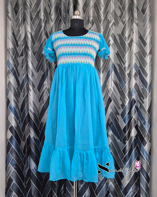Blue Smocking Dress with Puff Sleeve