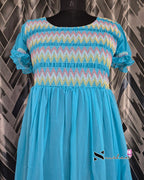 Blue Smocking Dress with Puff Sleeve