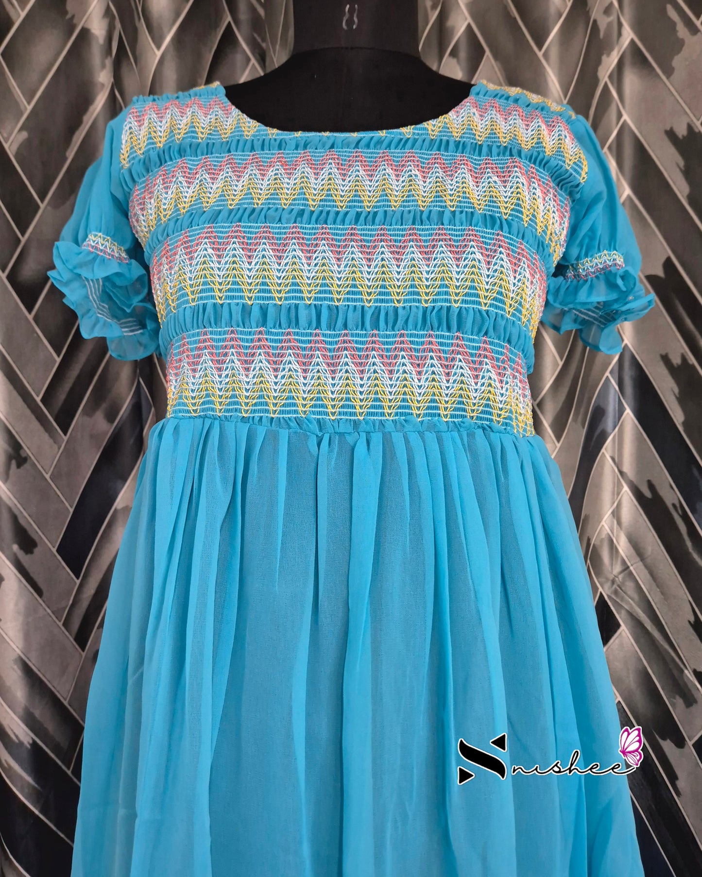 Blue Smocking Dress with Puff Sleeve