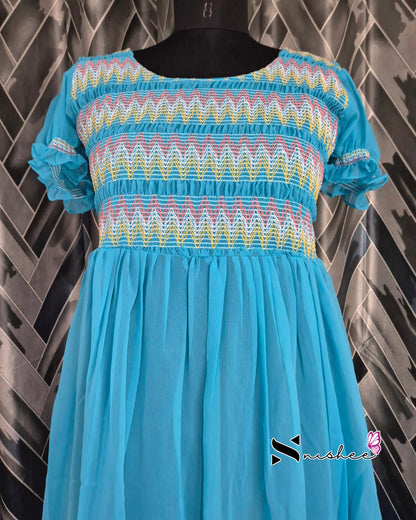 Blue Smocking Dress with Puff Sleeve