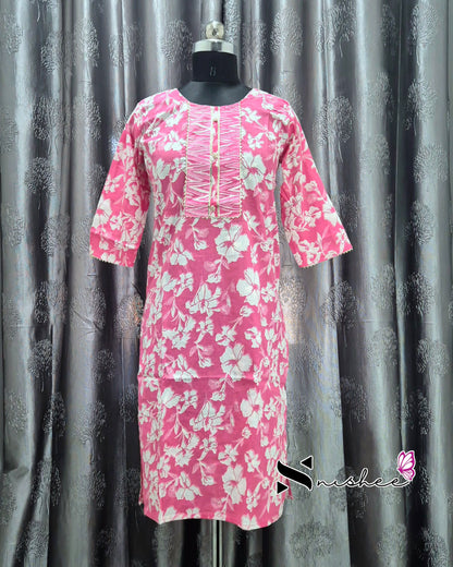 Pink/ White Floral printed Kurti