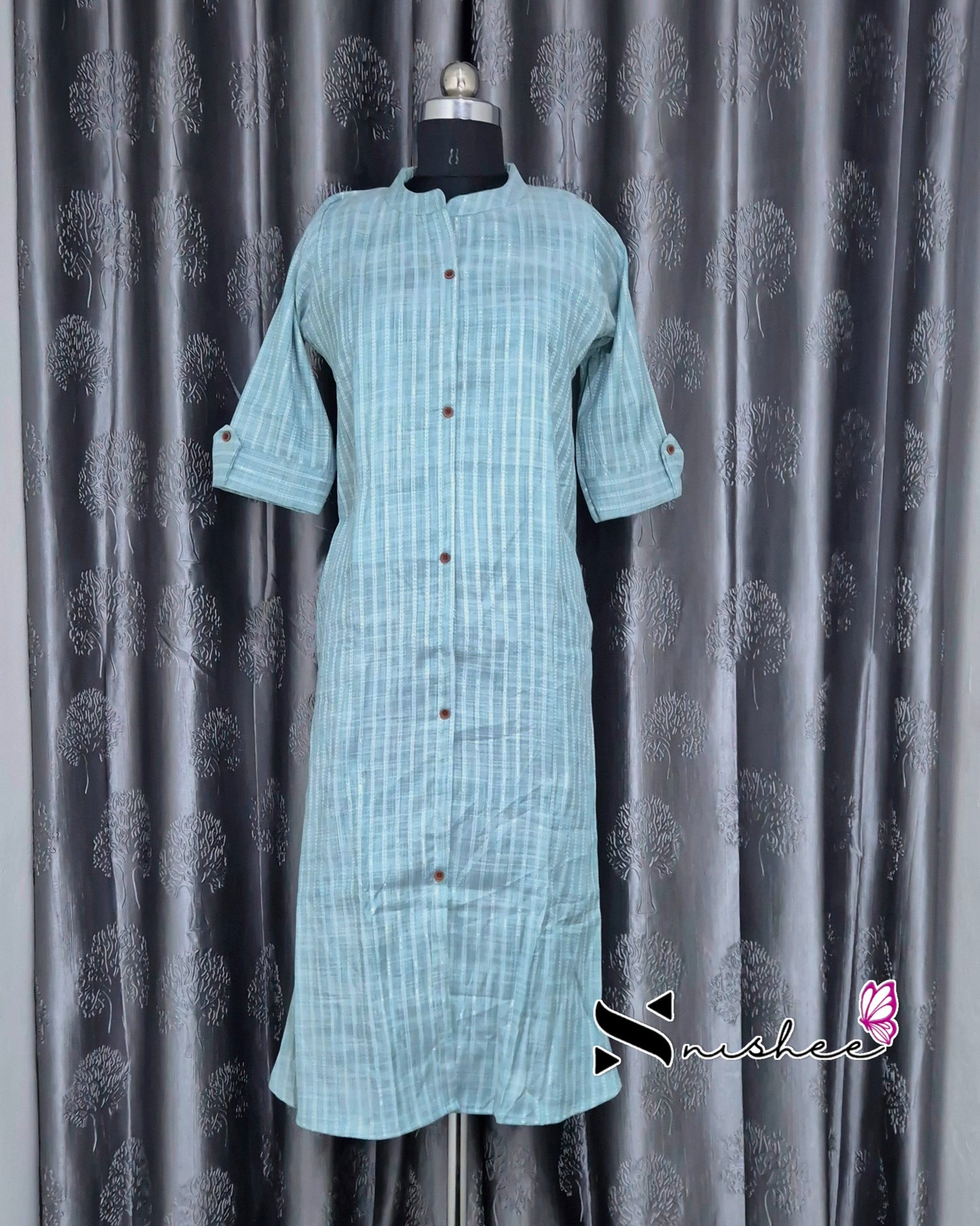 Blue Striped Chinese Collar Kurti