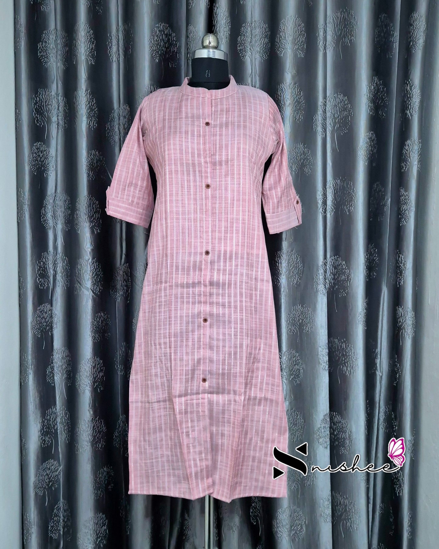 Pink Striped Chinese Collar Kurti