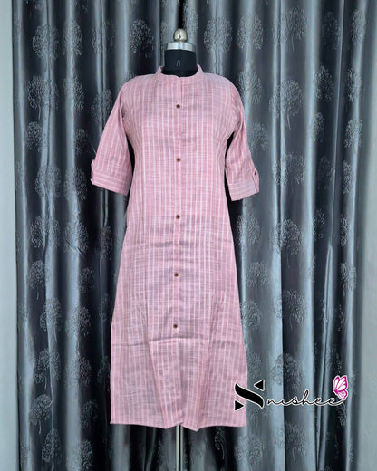 Pink Striped Chinese Collar Kurti
