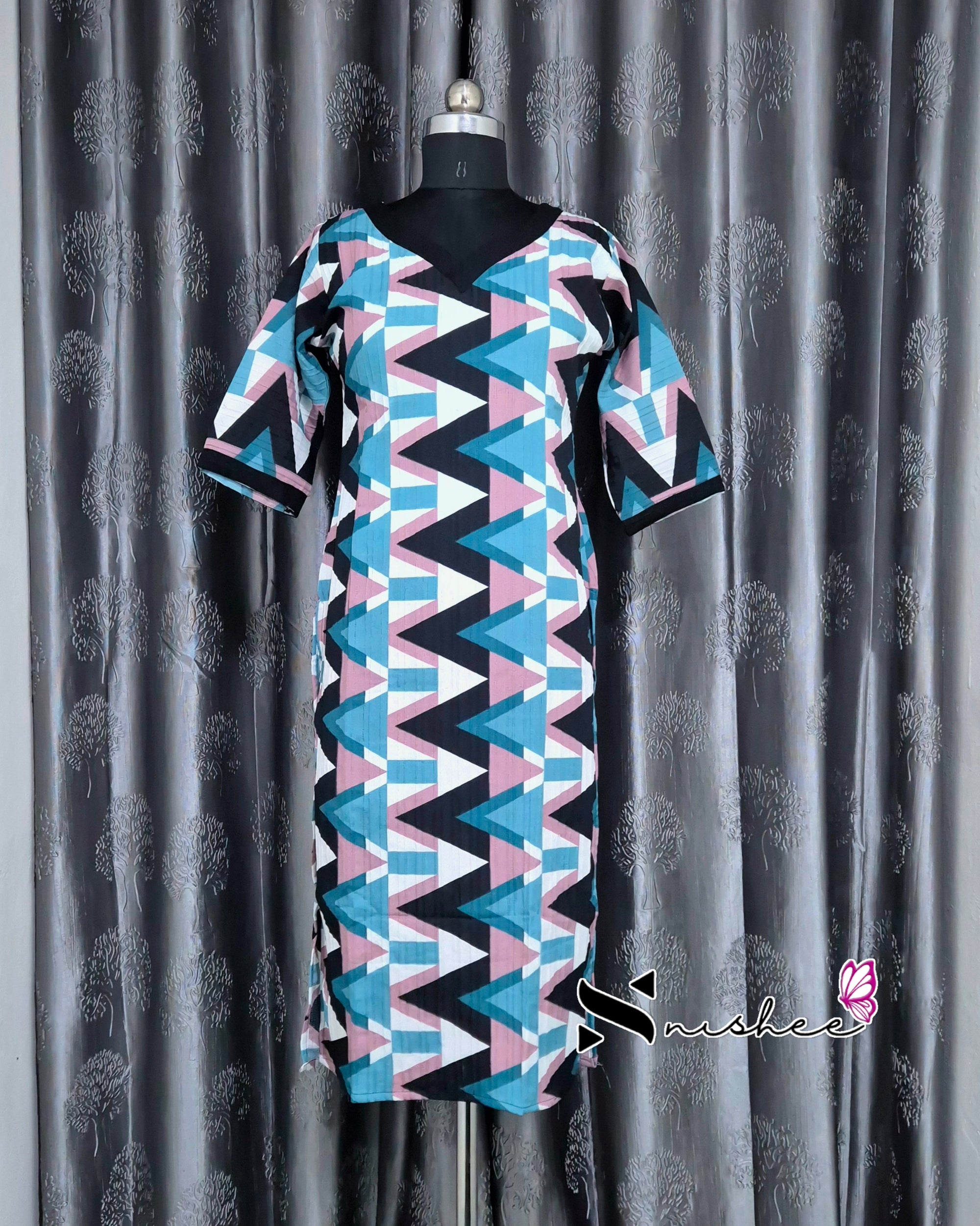 Blue Abstract Triangle Printed Popcorn Kurti