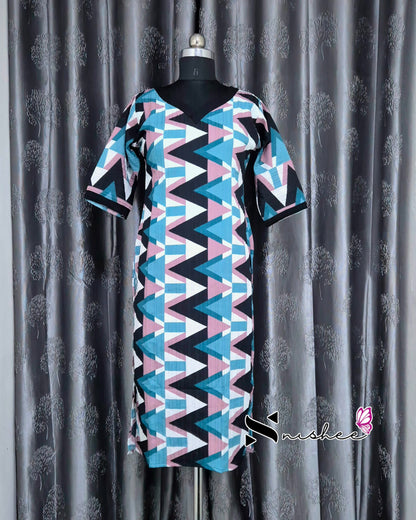 Blue Abstract Triangle Printed Popcorn Kurti