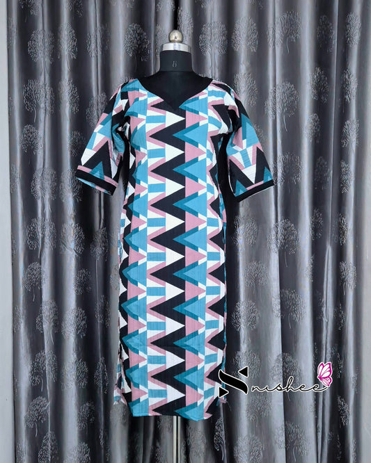 Blue Abstract Triangle Printed Popcorn Kurti