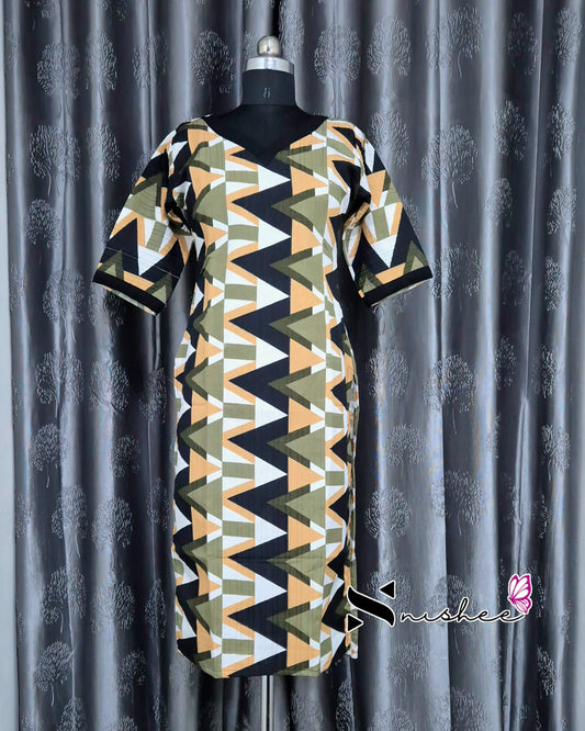 Green Abstract Triangle Printed Popcorn Kurti