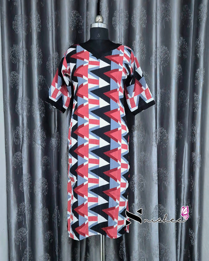 Red Abstract Triangle Printed Popcorn Kurti