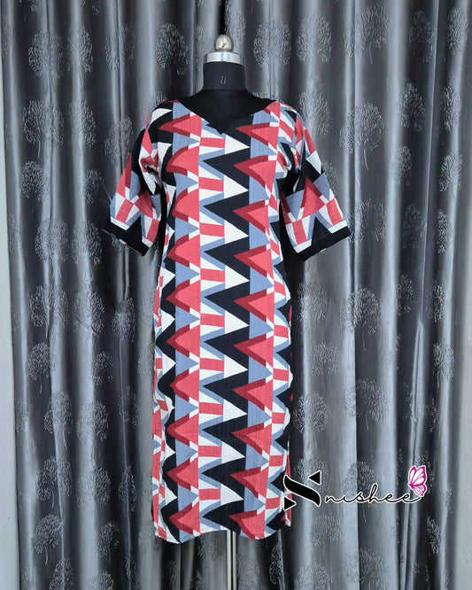 Red Abstract Triangle Printed Popcorn Kurti