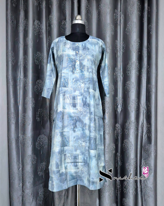 Grey Smoked Abstract Foil Printed Muslin Kurti