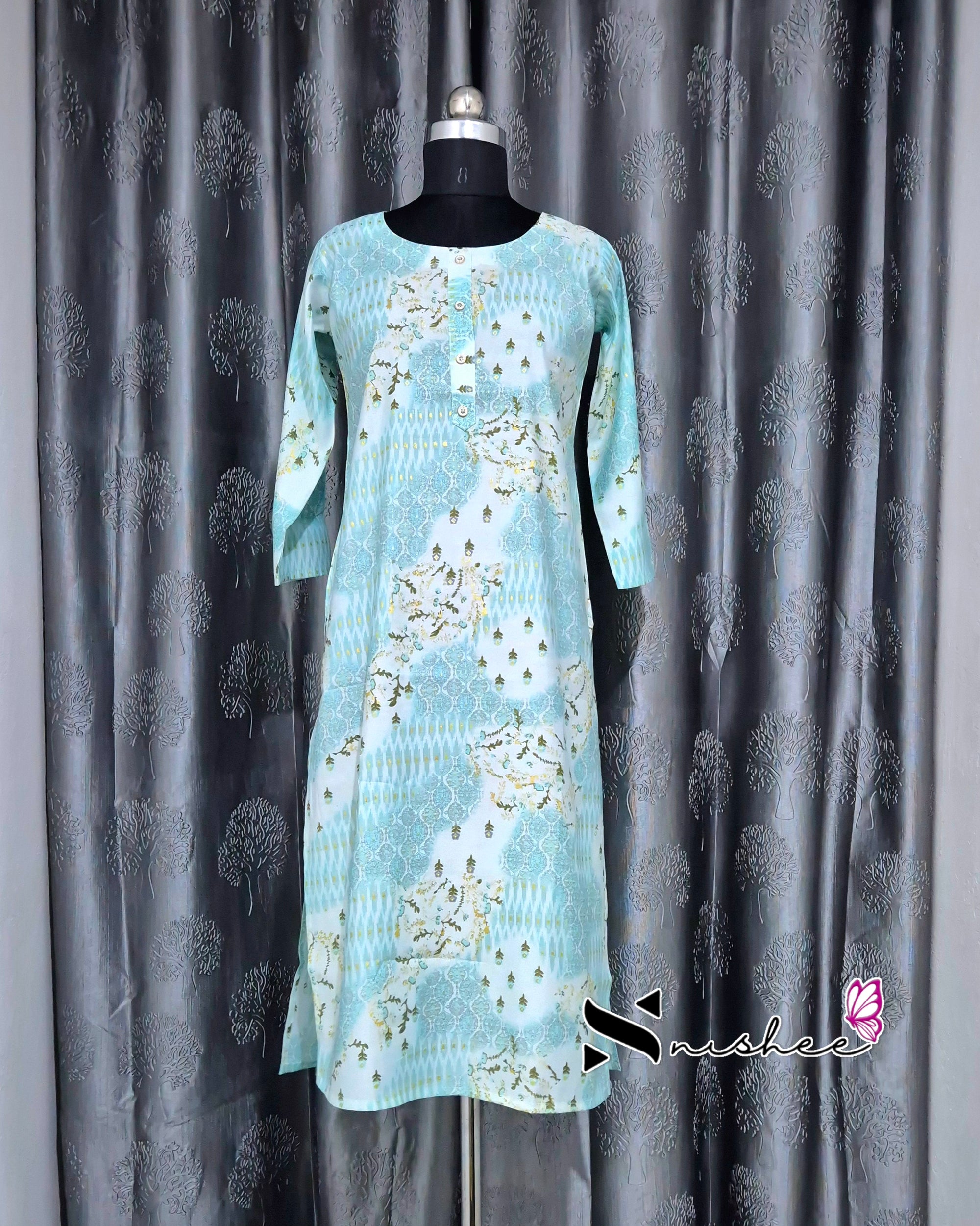 Sea Green Abstract Printed Muslin Kurti