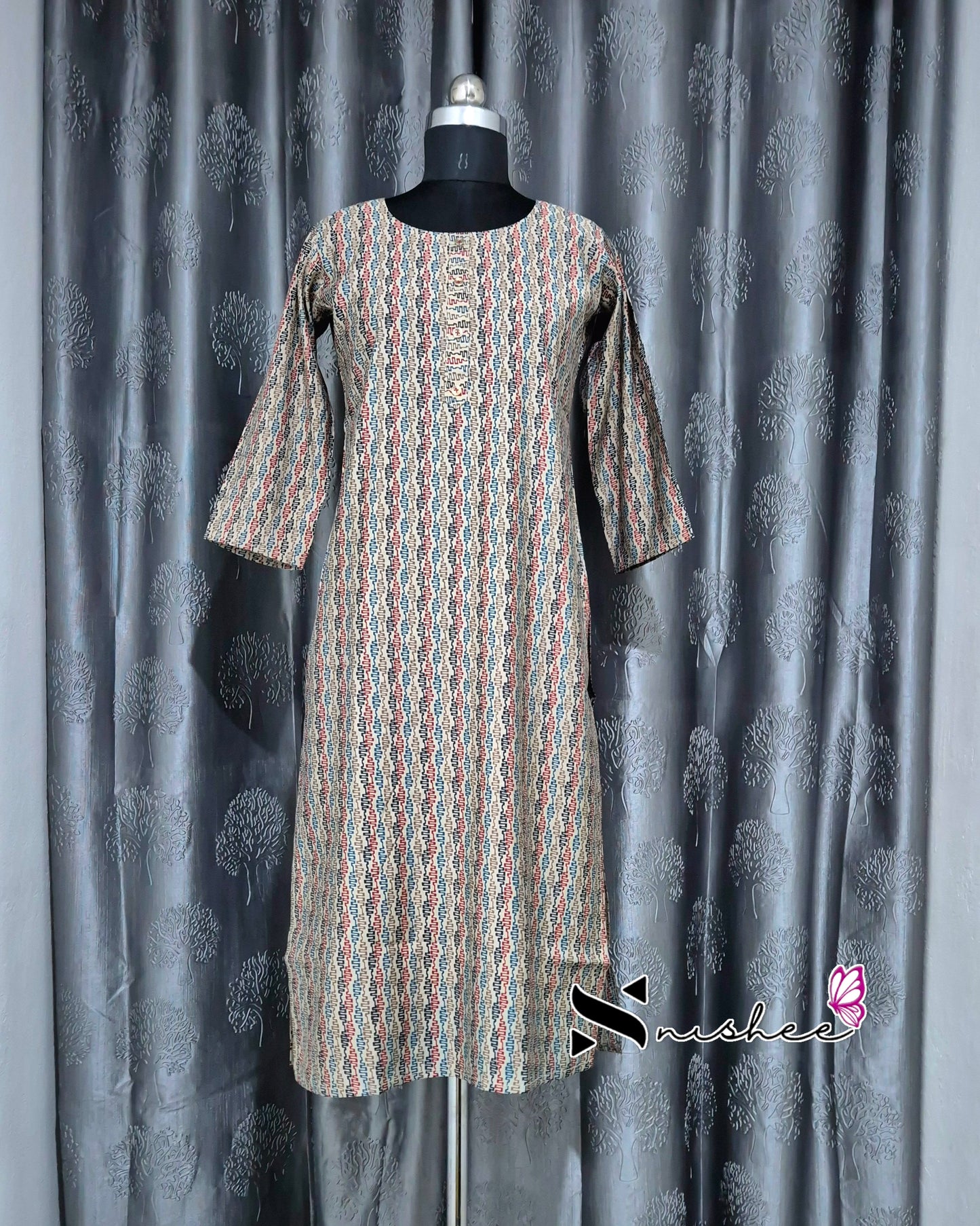 Brownish Cream Chain Printed Muslin Kurti