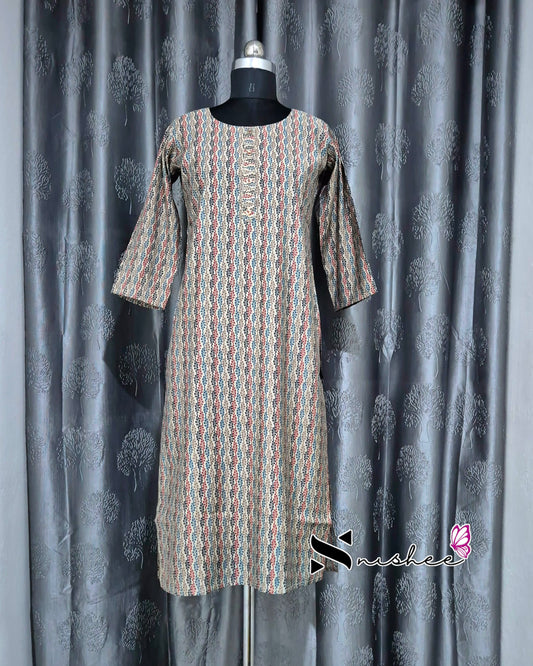 Brownish Cream Chain Printed Muslin Kurti