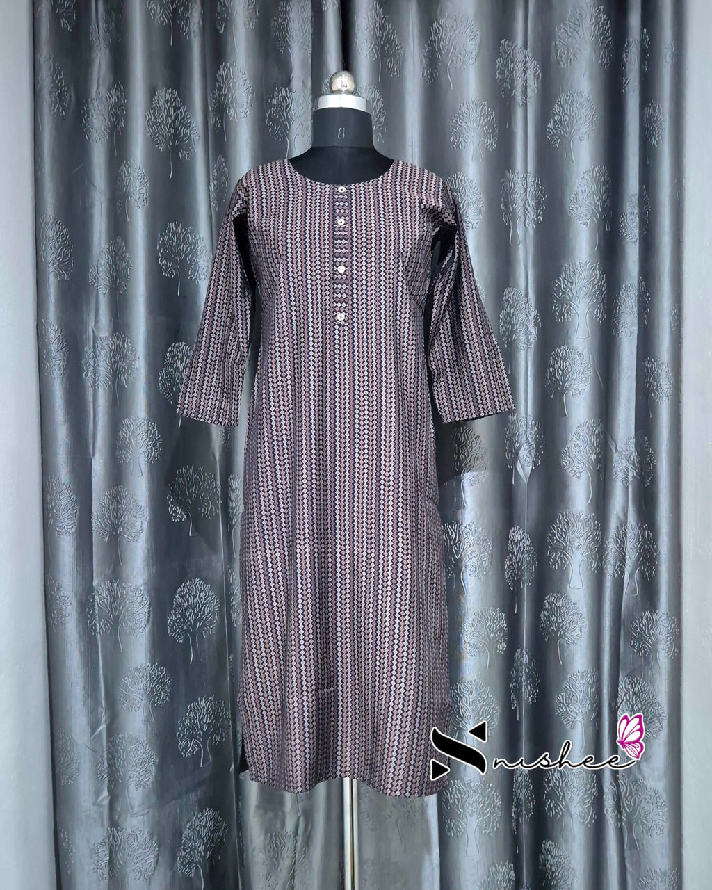 Multi-Colour Mini Diamond Striped Printed Muslin Kurti