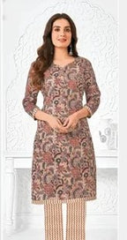 Brown Floral Printed Cotton Kurti
