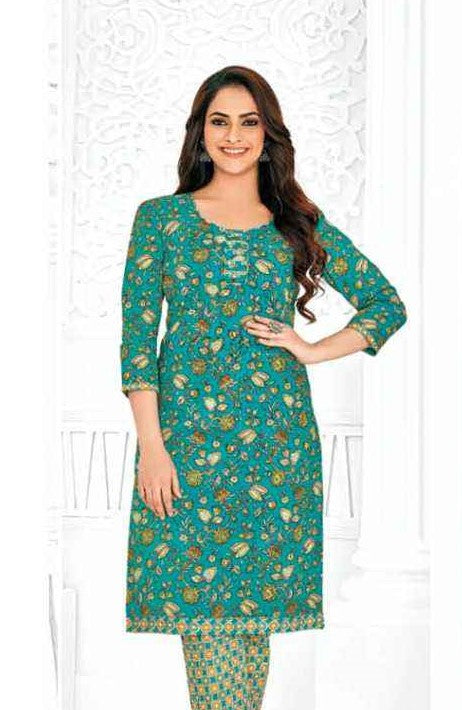 Green Elegant Floral Printed Cotton Kurti
