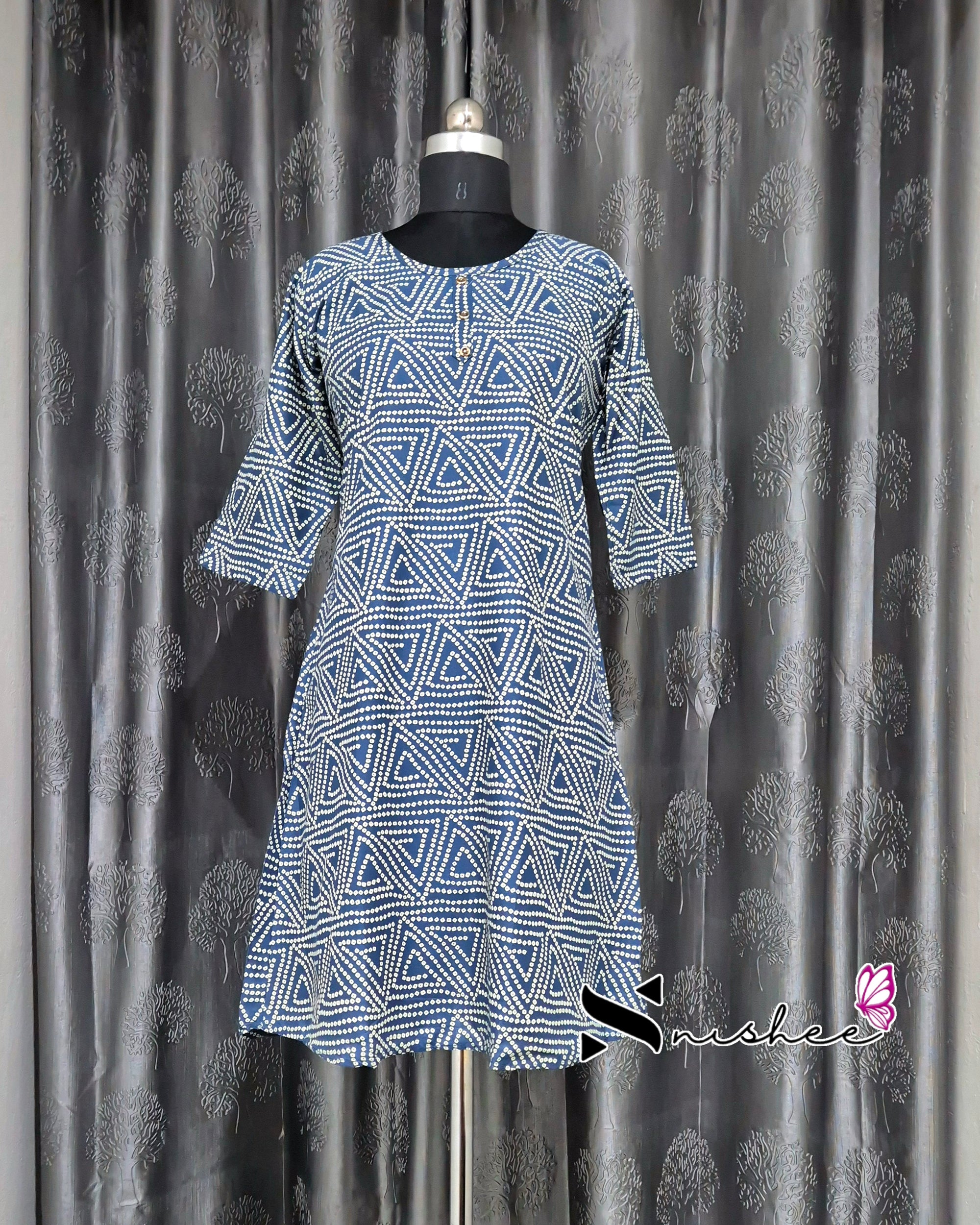 Blue Triangular Chain Print A Line Kurti