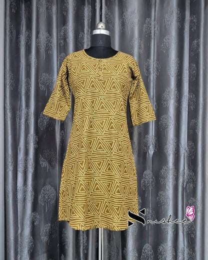 Mustard Green Triangular Chain Print A Line Kurti