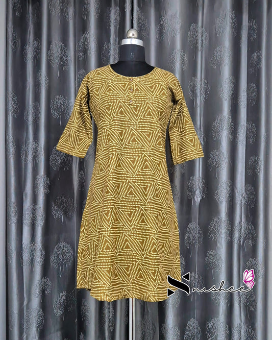 Mustard Green Triangular Chain Print A Line Kurti