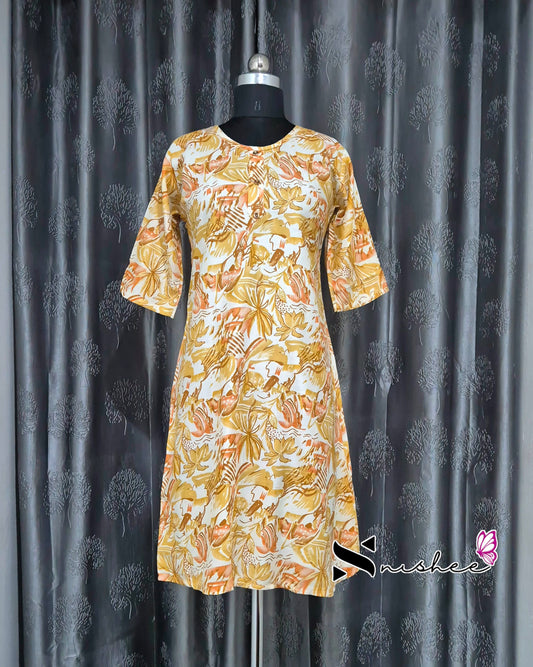 Mustard Abstract Print A Line Kurti